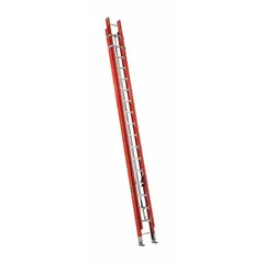 This 36 ft fiberglass extension ladder features a fixed fly and a rope and pulley system for smooth operation. With a 300 lb load capacity and non-conductive construction, it is suited for tasks requiring electrical safety in industrial environments. The orange finish provides high visibility.