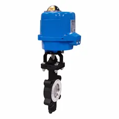 This BONOMI electric butterfly valve features a carbon steel body and stainless steel disc with an FKM seal. It operates on 100 to 240V AC with manual input control signal. The 5-inch lug-style connection is suited for on/off flow control in industrial piping systems handling water, oil, or gas.