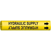 Yellow snap-on pipe marker with black legend reading 'Hydraulic Supply' and directional arrows. Fits pipe outer diameters from 1-1/2 to 2-3/8 inches. Used to identify hydraulic supply lines in industrial piping systems for clear visual indication during maintenance and operation