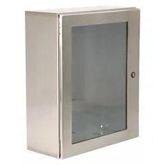 This 304 stainless steel enclosure measures 24 x 24 x 16 inches and is rated NEMA 12/13/3R/4/4X for protection against dust, falling dirt, dripping water, rain, sleet, hose-directed water, and corrosion. It features a 1/4-turn latch closure and a hinged cover. Suitable for housing electrical controls and instrumentation in industrial environments requiring corrosion resistance and watertight sealing.
