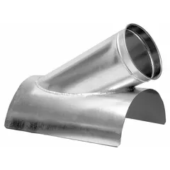 This branch fitting connects a 16-inch diameter duct to a smaller branch line at a 30° angle. Constructed from galvanized steel, it is used in ventilation and dust-collection ductwork systems. Overall length is 2 inches.