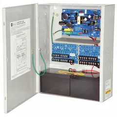 This power supply board with steel enclosure converts 115V AC input to selectable 12VDC at 3.5A or 24VDC at 3A output. It is used to provide regulated power for access control, security, and automation systems such as cameras, locks, and controllers.