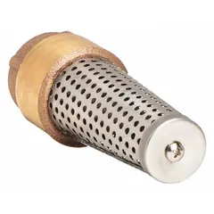 Brass inline foot valve with 3/4 in FNPT connections and NPT threading. Features a stainless steel strainer and spring-loaded mechanism. Rated for 200 psi CWP. Not full flow. Used in pump suction lines to maintain prime and prevent backflow.