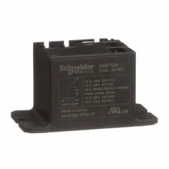 Surface-mounted relay from the 9A Power Series with a square base and panel flange mounting. Features SPDT contacts, 5 Faston terminals, and operates at 10 A at 277V AC-5a (NO Ballast) with a 24V AC coil. Suitable for switching lighting and general industrial loads in control cabinets.