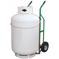 Single-cylinder hand truck for transporting propane cylinders up to 800 lb. Features a green finish, chain securing mechanism, and a 21 in wide by 7 in deep nose plate. Suitable for moving heavy gas cylinders in industrial, commercial, and warehouse environments