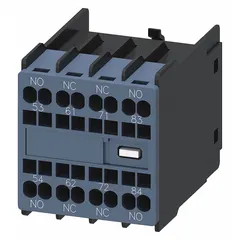 Front-mounted auxiliary contact block with 2 normally open and 2 normally closed contacts. Designed for frame size S00 and compatible with SIRIUS 3RT2 series contactors. Used to signal contactor status, interlock circuits, or control auxiliary loads in motor control and automation systems.