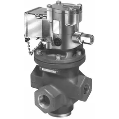 Three-way, two-position, single-solenoid, normally closed, spring-return inline valve from the Parker N Series. Features a plug-in design with internal pilot and locking manual override. Includes a 120V AC solenoid coil. Used to control air flow in industrial automation, packaging, and material handling systems.