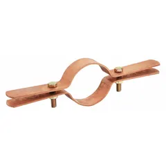 Copper-plated steel riser clamp for supporting vertical tube and pipe runs. Overall length 12.5 in, load capacity 300 lb. Used in industrial plumbing, HVAC, and mechanical systems to secure risers in commercial and plant installations.