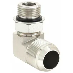 Steel hydraulic hose adapter with 90° elbow for connecting O-Ring Boss (ORB) ports to JIC male fittings. Rigid construction with male x male threads, 1 1/4 in ORB and 1 1/2 in JIC sizes. Used in hydraulic systems for tight routing in confined spaces.