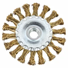 This nonsparking brush features a 0.02" twisted brass fill for heavy cleaning of soft materials such as aluminum, brass, or plastic. It removes rust, paint, and debris without generating sparks, suitable for use in hazardous environments. The brush measures 4" diameter by 1/2" width with a 5/8" arbor hole.