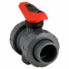 PVC ball valve with straight configuration and FNPT x FNPT connections. Two-piece body with lever handle for manual operation. Used to start, stop, or redirect flow in piping systems handling water, chemicals, or corrosive fluids.