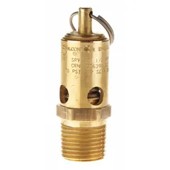 Brass-bodied safety valve with silicone soft seat, 1/2 in (M)NPT inlet and 1/2 in (F)NPT outlet. Used to relieve overpressure in compressed air systems and other pneumatic circuits.