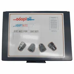 This 28-piece assortment of steel hydraulic hose adapters is supplied in a metal case. It includes four 9197-06-L10-16 Male JIC x Female Metric DIN (Swivel) adapters for connecting JIC male fittings to Metric DIN female ports in hydraulic systems. Suitable for maintenance and repair tasks in fluid power applications.