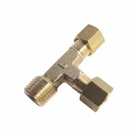 This brass compression tee fitting connects a 1/4 in pipe with two 12 mm OD tubes, enabling branch or distribution points in fluid systems. The standard sleeve design provides reliable sealing on tubing. Suitable for pneumatic, hydraulic, or instrumentation circuits