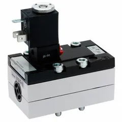 Single solenoid, five-way/two-position directional control valve with spring return. Operates on 110V AC. Features plug-in design with included solenoid coil, internal pilot actuation, and non-locking manual override. Used to direct compressed air in pneumatic systems for actuating cylinders and other air-operated equipment.