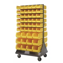 Vertical mobile louvered rack with 96 yellow bins (72 bins 5-1/2 in wide, 24 bins 14-3/4 in deep, 24 bins 7 in high). Gray frame with two rigid casters featuring hard rubber tread. Suitable for organizing small parts and tools in workshops, warehouses, and assembly areas.