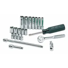 This 21-piece metric socket set includes 6-point sockets ranging from 4 mm to 12 mm with a 1/4 in drive. It features a 4.5 in fixed, round head ratchet with friction-style drive. Suitable for tightening and loosening metric fasteners in automotive repair, machinery maintenance, and industrial assembly.
