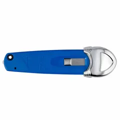 Automatic retracting utility knife with blade guide, featuring a plain blue plastic body and steel blunt tip blade. Overall length 5 1/2 in, overall width 1 1/2 in. Designed for cutting cardboard, plastic strapping, and shrink wrap in packaging and warehouse applications.
