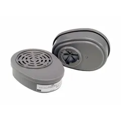 White bayonet-style cartridge rated by NIOSH for Hydrogen Sulfide (HS). Sold in a 2-pack. Compatible with MSA Advantage 420 Series reusable respirators. Used in industrial environments where hydrogen sulfide gas may be present.