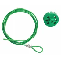 This twist-lock cable lockout device features a polypropylene body and a 4.9 ft steel cable with a clear PVC finish. It is used in lockout/tagout procedures to secure energy-isolating devices such as disconnect switches and valve handles, preventing accidental re-energization during maintenance