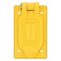 Thermoplastic weatherproof cover for duplex receptacles. Yellow color for visibility. Vertical mounting orientation. Suitable for protecting outlets in outdoor or damp locations.