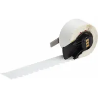 Thermal transfer precut label roll measuring 1/4 in x 3/4 in. Features an aggressive, permanent acrylic adhesive for bonding to challenging surfaces. Compatible with Brady M710 printer series when used with a media adapter. Suitable for asset tagging, cable marking, and safety labeling in industrial environments