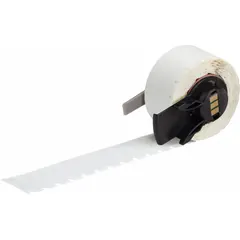 Thermal transfer precut label roll measuring 1/4 in x 3/4 in. Features an aggressive, permanent acrylic adhesive for bonding to challenging surfaces. Compatible with Brady M710 printer series when used with a media adapter. Suitable for asset tagging, cable marking, and safety labeling in industrial environments.