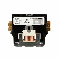 This single-phase definite purpose contactor features a 1NO main pole contact form and a 277V AC coil. Rated for 30 A with a maximum voltage of 600V AC, it uses quick-disconnect terminals. Typical applications include switching of motors, compressors, and resistive loads in HVACR and industrial equipment.