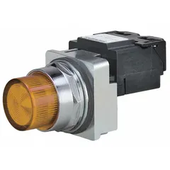 Amber LED pilot light from the Siemens Class 52 series. Rated for 240 V AC maximum supply voltage. 30 mm panel mounting size. Does not include push-to-test function. Used as a visual status indicator on industrial control panels.