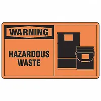 Orange background label with 'Hazardous Waste' message. Measures 5 inches wide by 3 1/2 inches tall. Pack of 5. Used for marking containers that hold hazardous waste for identification during handling and transport