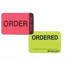 Paper safety label with green/pink rectangle design and English text. Measures 1 1/2 in wide by 1 in high. Used for hazard identification and workplace warnings in industrial environments.