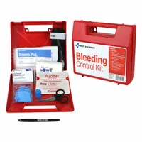 This bleeding control kit is housed in a plastic case and serves 24 people with 12 components. It includes an Elastic Band Back-Up Tourniquet for wound dressing. Suitable for emergency wound management in settings such as industrial workplaces, schools, and public facilities