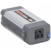 This inverter converts 12V DC input to 120V AC output at 60 Hz with a modified sine wave, delivering 350 W continuous power. It features both a lighter plug and alligator clips for flexible DC connection. Suitable for powering small electronics and tools in vehicles or remote locations