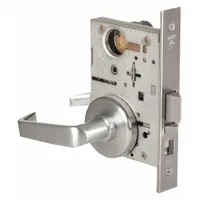 This BEST office lever lockset features a satin chromium-plated stainless steel finish with a 40H rose and F13 function. It is ADA compliant and includes an interchangeable core for key control. Suitable for commercial interior doors such as offices, schools, and healthcare facilities