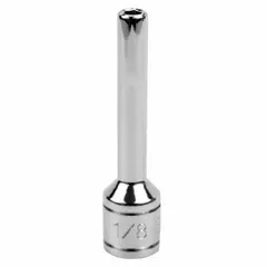 This 1/4" drive hand socket features a 1/8" SAE hex size with a 6-point deep design for full fastener contact. Constructed from chrome, it is used for tightening or loosening hex head fasteners in automotive, machinery, and general mechanical applications.