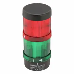 Two-tier tower light assembly with red light tier for status indication. Operates at 115V AC, overall height 155 mm, diameter 70 mm. No sounder tier. Used in industrial automation and machine status signaling.