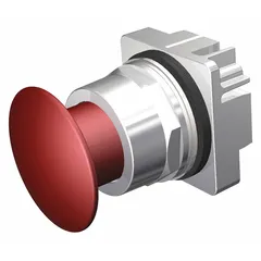 Maintained-action mushroom-head push-button operator from the Siemens Series 52 line. Constructed with a metallic push button material. Suitable for use in industrial control panels and machinery control applications where sustained contact is required.
