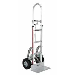 Load-control hand truck with a 500 lb capacity, single-pin design, and silver aluminum construction. Equipped with flat-free tires for reduced maintenance. Suitable for moving loads in warehouses, factories, and delivery settings.
