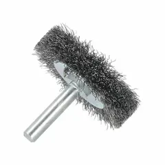 This light-cleaning brush features a crimped steel fill of 0.008" and measures 2" in diameter by 3/8" in width. It is designed for removing rust, scale, and light burrs from carbon steel surfaces. The brush has a 1/4" shank for mounting on power tools. Typical applications include surface preparation and maintenance in metalworking and fabrication.