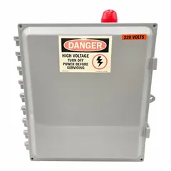Single-phase pump control panel for 120/208/240V AC, 10 to 15 A. Features demand dose dosing, non-reversing operation, vertical float switch, and audio alert output. NEMA 4X enclosure. Suitable for sump, sewage, and wastewater applications.