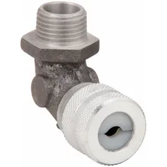 90° metallic cable grip with 1/2 in MNPT box connection, accepting cord diameters from 0.25 in to 0.38 in. Silver aluminum body with white color-coded grommet. Rated IP66 and Class I, Division 2 for hazardous locations. Used to secure and seal electrical cords entering junction boxes in industrial environments.