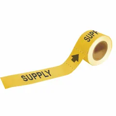 Adhesive pipe markers on a roll for identifying supply pipes in industrial facilities. Each marker features yellow background with black legend text and directional arrows. Fits pipe outer diameters of 1-1/2 to 2 inches. 25 markers per roll.