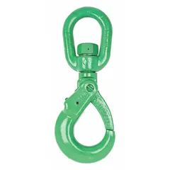 Alloy steel self-locking hook with swivel and green finish. Grade 100, 15,000 lb working load limit. Used in lifting and rigging applications for secure load attachment.