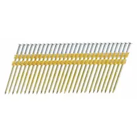 3.25-inch long, galvanized steel framing nails with a flat head, smooth shank, and diamond point. Collated in plastic strips for use with compatible pneumatic nailers. Suitable for structural framing, sheathing, and decking applications