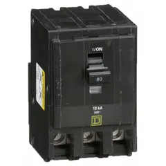 Three-pole, 80 A plug-in miniature circuit breaker from the QO Series. Rated for 120/240V AC with a maximum interrupting rating of 10kA at 120/240V AC. Designed for overcurrent protection in three-phase branch circuits. Installs in QO Load Centers and NQ Panelboards.
