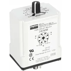 This Dayton socket-mounted time delay relay provides an on-delay function, operating at 12V DC with a 10 A contact rating. It features 8 pins/terminals for connection to a compatible socket. Typical applications include delaying equipment activation in industrial automation, such as motor start sequencing or conveyor control.