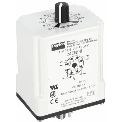 Dayton Single Function Time Delay Relay: Socket Mounted, 12V DC, 10 A, 8 Pins/Terminals - Socket-Mounted Relays
