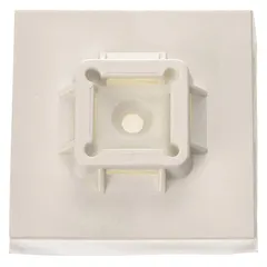 Adhesive mount cable tie base for securing cables in control panels, data centers, and industrial equipment. Measures 1.5 in L x 1.5 in W x 0.34 in H with a 0.42 in slot width and 0.09 in slot height. White, 50-pack. For use with miniature, intermediate, and standard cable ties.