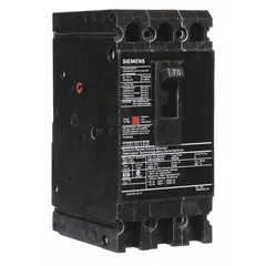 Siemens HED43B070 is a 70A ED-frame molded case circuit breaker from the HED4 series. It has a maximum interrupting rating of 42kA at 480V AC, fixed instantaneous trip, ABC phase connection, and load-side lug terminals. Used for overcurrent protection in power distribution panels, motor control centers, and branch circuits.