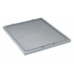 This gray plastic lid is designed for use with standard stacking and nesting totes, providing a secure cover for storage and transport. It is FDA compliant and compatible with QUANTUM STORAGE SYSTEMS model SNT230 tote. Commonly used in industrial, warehouse, and food-processing environments.